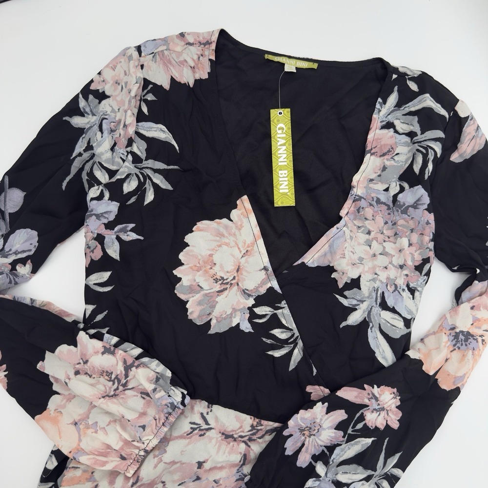 Gianni Bini Black Rotar Maxi Wrap Dress Floral Wild Flower Size XS Black NEW